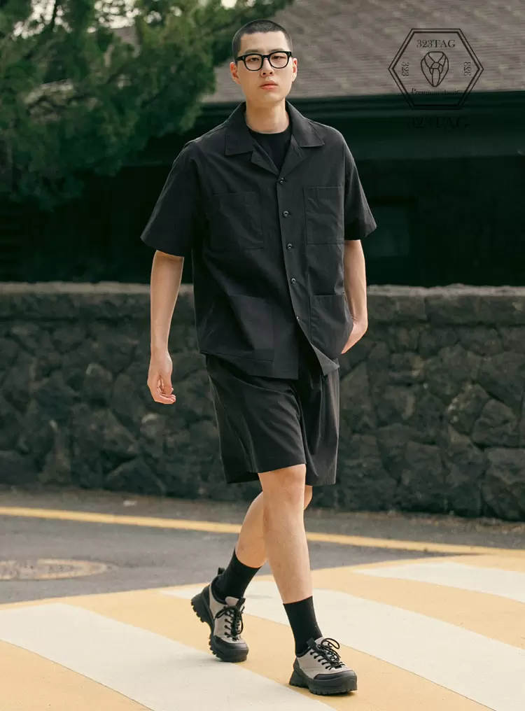 4POCKET OPEN COLLAR HALF SHIRKET 셋업 블랙