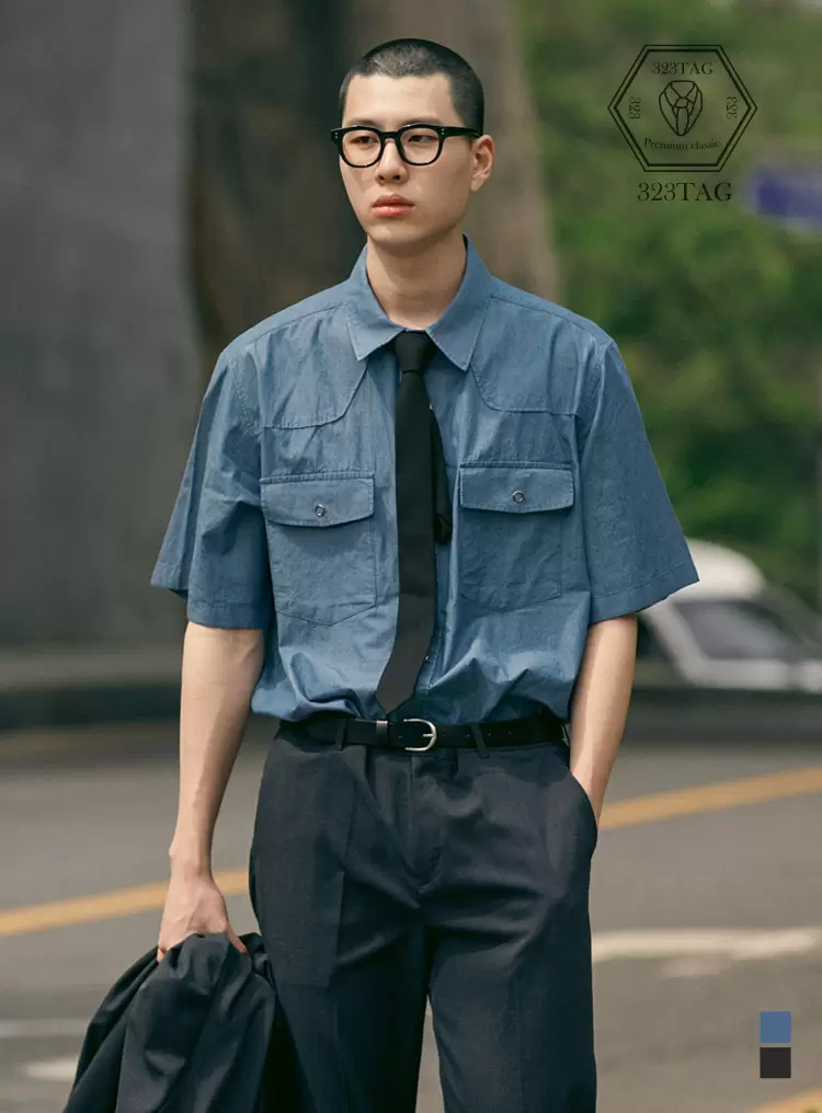 CLASSIC DENIM POCKET HALF SHIRTS 블루