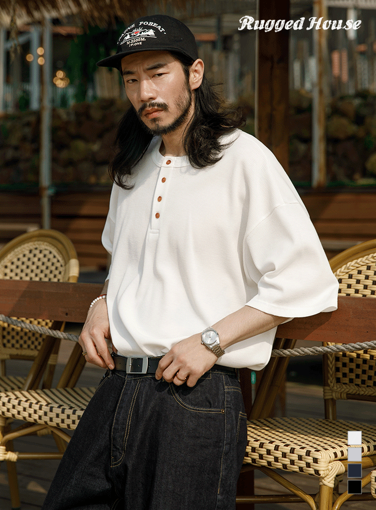 레트로 헨리넥 와플 반팔티 4컬러