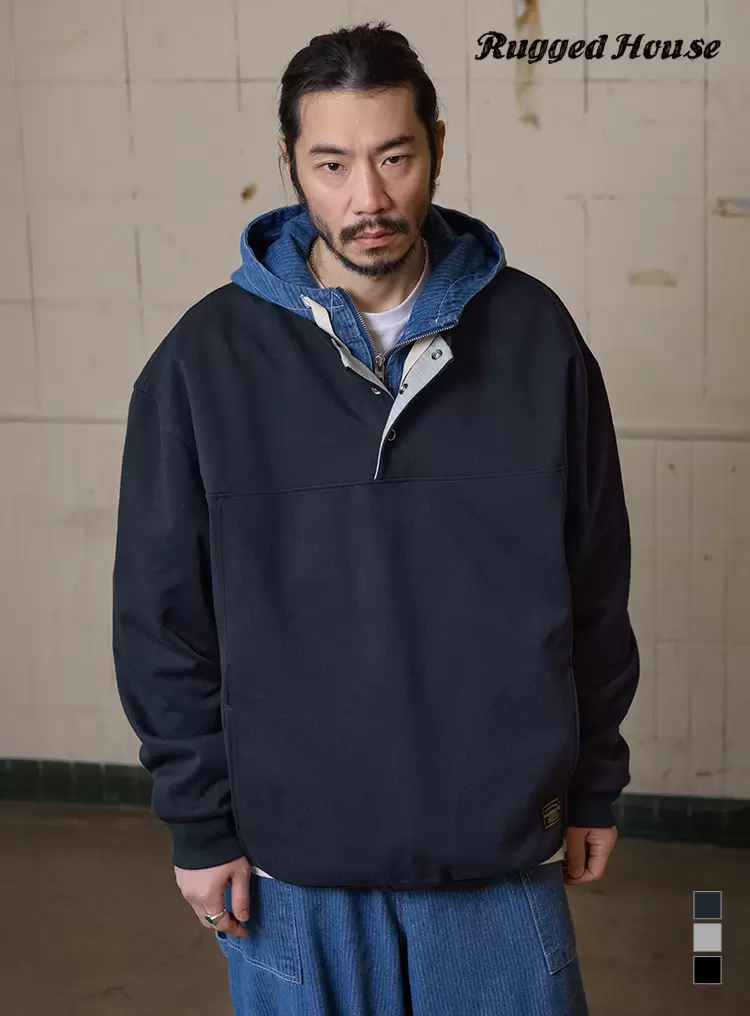 헨리넥 버튼 포켓 맨투맨 네이비