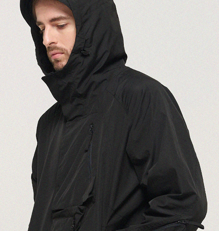 WATERPROOF CASUAL MULTI-POCKET HOODED WINDBREAKER (BLACK)