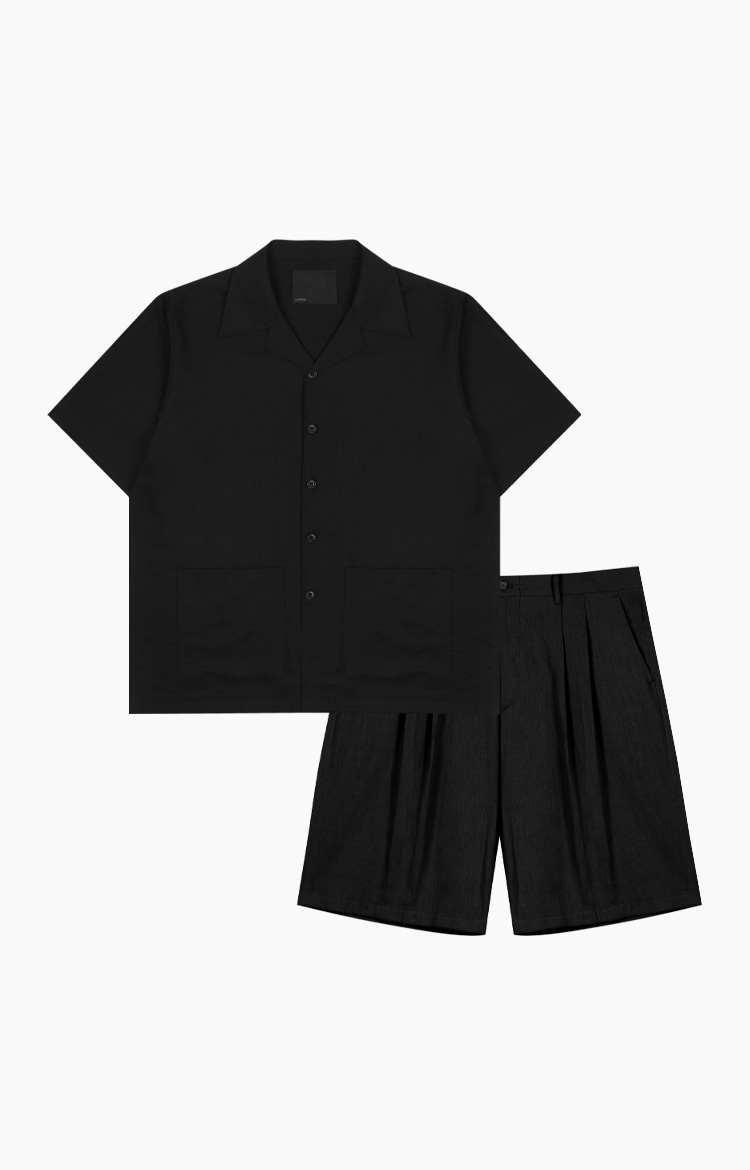 OPEN COLLAR LINEN HALF SHIRT 블랙 셋업 제품컷
