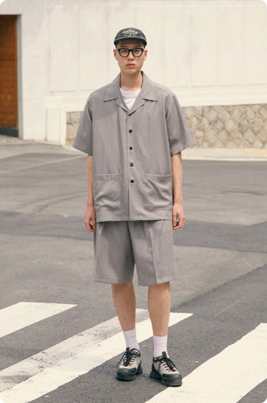 OPEN COLLAR LINEN HALF SHIRT 그레이 셋업
