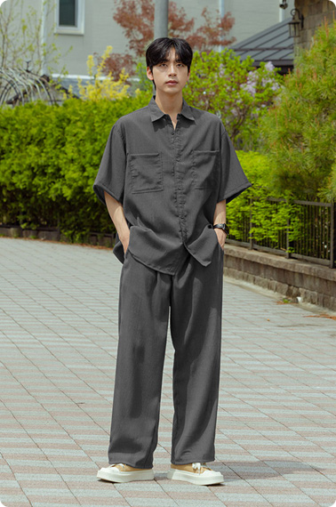쿨링 오버핏 반팔 셔츠 SET-UP 챠콜
