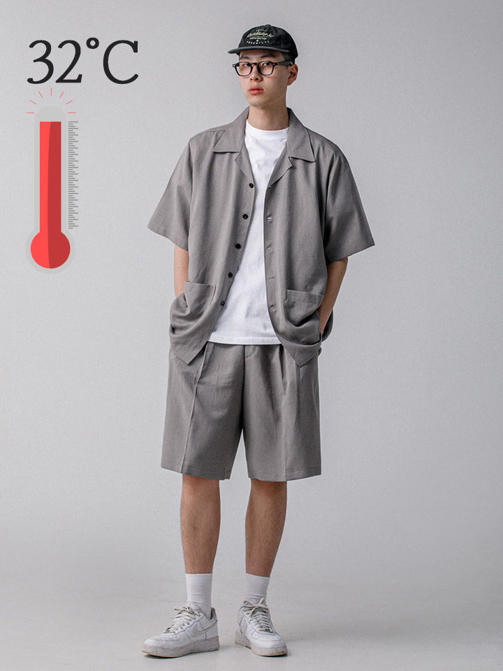버닝카포네 OPEN COLLAR LINEN HALF SHIRT 그레이 셋업