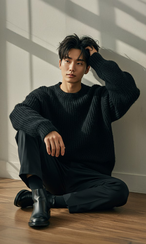 모던 와플 램스울 니트 블랙