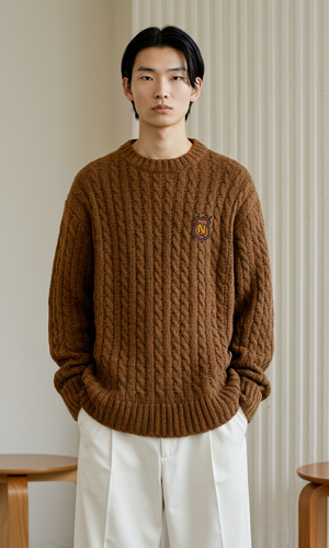 와펜 꽈배기 니트 카멜