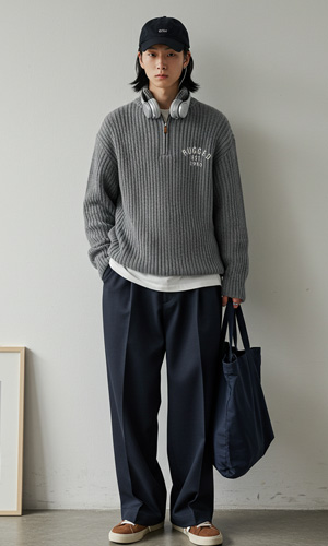 로고 오버핏 하프집업 울 니트 그레이