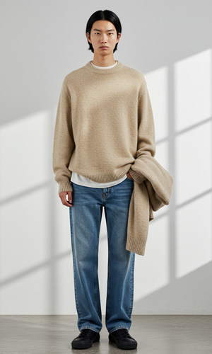 모던 와플 램스울 니트 베이지