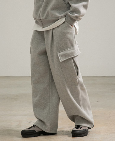 BC Logo Embroidery Napping Wide Cargo Pants (GRAY)