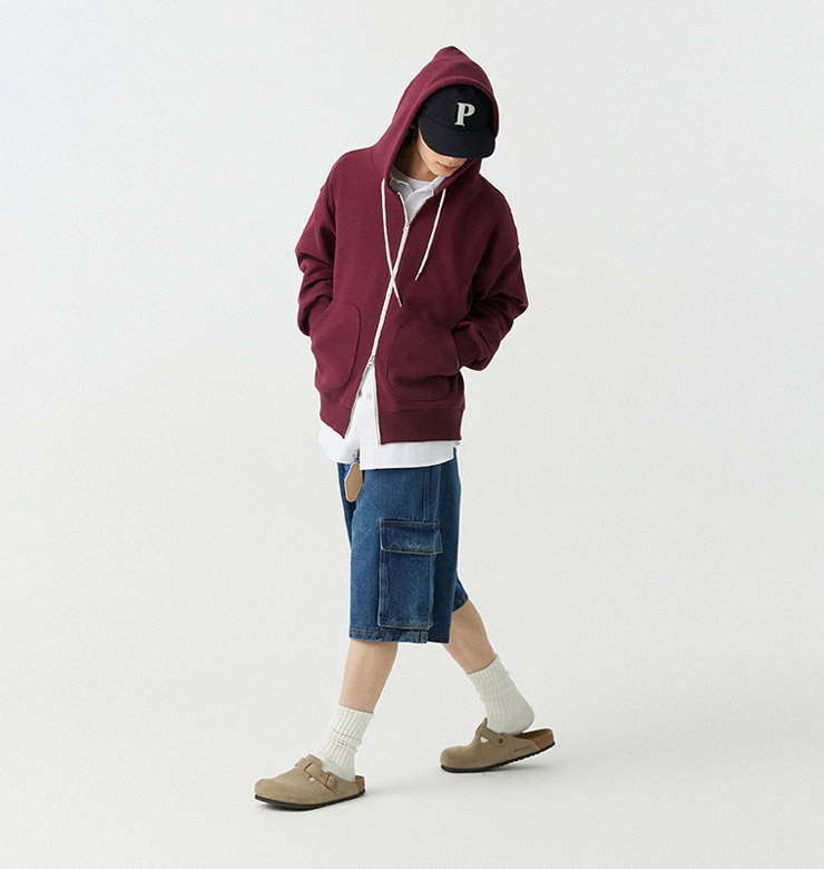와플 투웨이 후드 집업_버건디