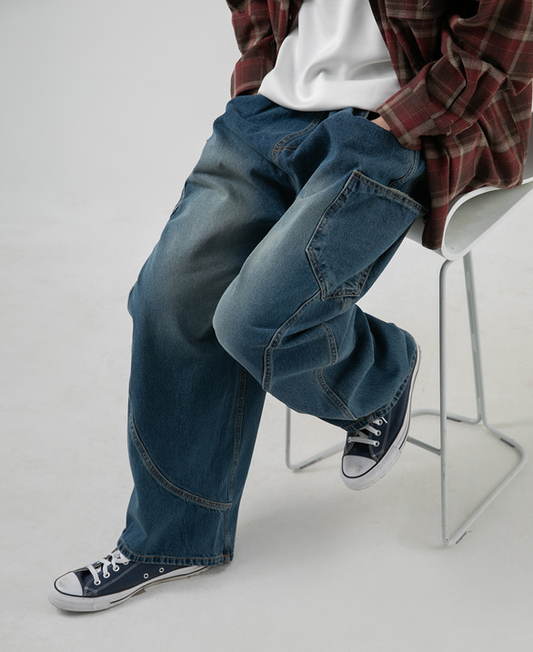 1094 사이드포켓 절개 벌룬 데님팬츠 중청