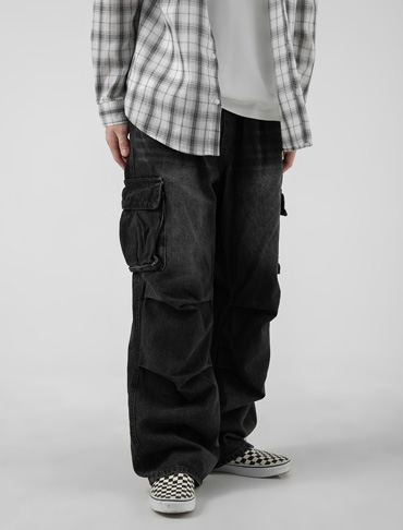 1092 파라슈트 카고 데님팬츠 흑청