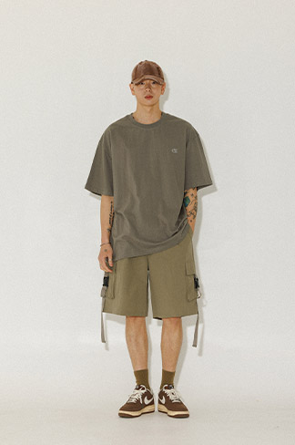 BURNING CAPONE - BC Carabiner Buckle Cargo Half Pants 카키브라운