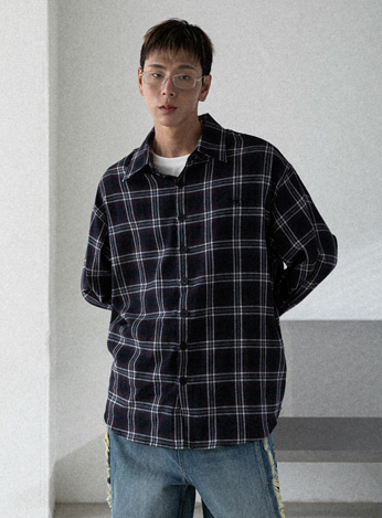 BC 로고자수 체크 셔츠 NAVY