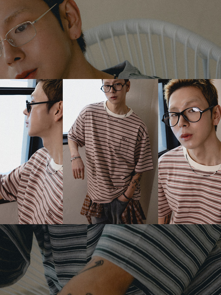 BC 로고 멀티 스트라이프 반팔 티셔츠 BROWN