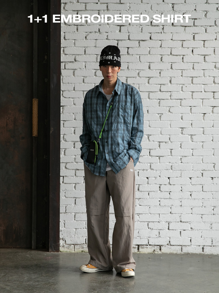 [1+1] BC 포켓 로고자수 체크 셔츠 블루