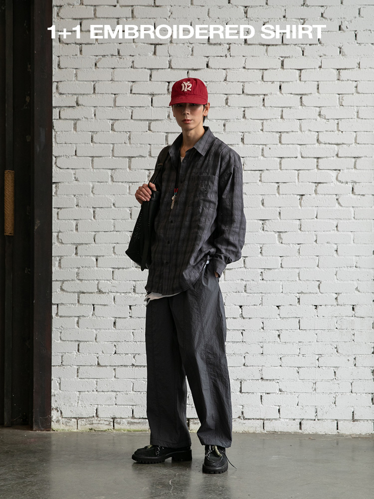 [1+1] BC 포켓 로고자수 체크 셔츠 챠콜