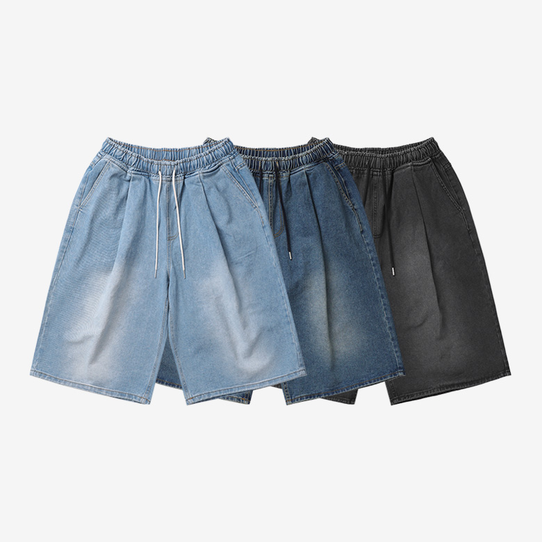 벌룬 핀턱 워싱 데님 쇼츠